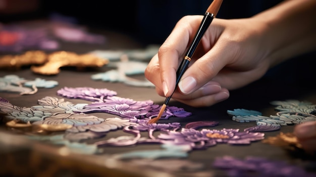 Photo closeup of artist39s hand painting delicate floral design