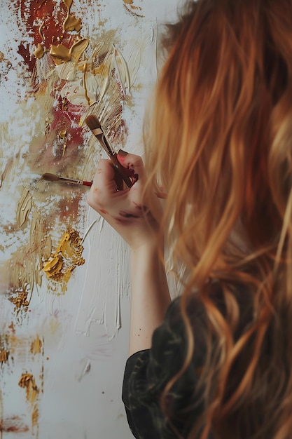 Photo closeup of artists hand holding paintbrushes and painting on canvas