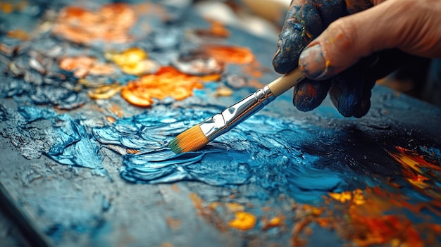 Photo closeup of an artists hand mixing blue paint