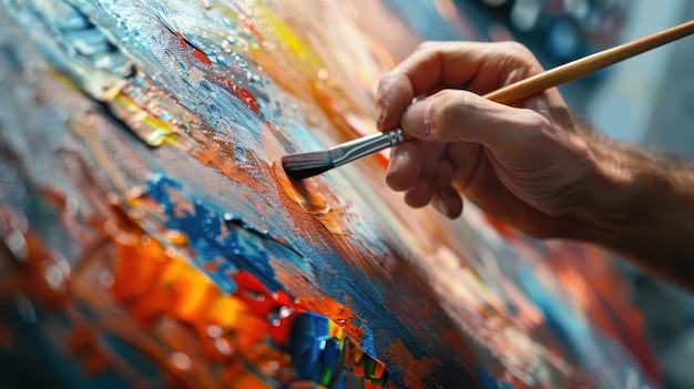 CloseUp of Artists Hand Painting with Brush on Colorful Abstract Canvas in Studio