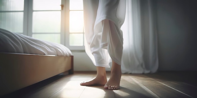 Closeup Asian girl foot step down on bed with white pajamas wake up walk to open curtain on window fresh peaceful morning