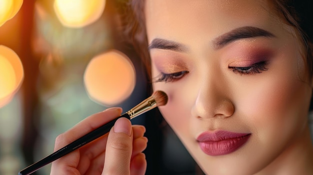 CloseUp of Asian Woman Applying Eyeshadow with Precision