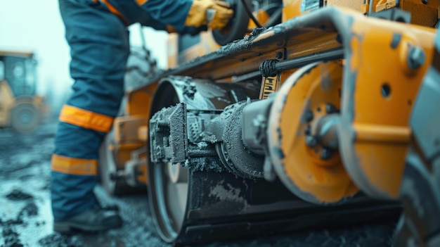 Photo a closeup of an asphalt road roller39s drum with a worker adjusting settings on the control panel