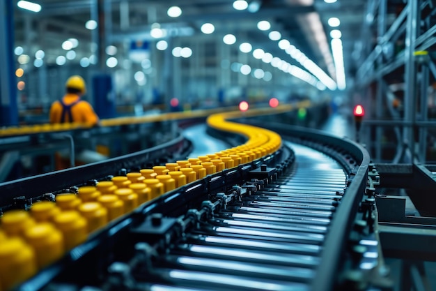 Closeup of assembly line in a modern hitech facility Conveyor in a bright modern industrial workshop Workers operate and monitor an automated assembly line for electronic devices and gadgets