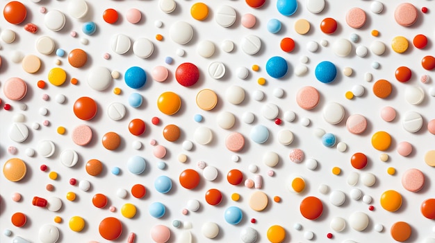 A Closeup of Assorted Colorful Pills and Tablets Scattered on a White Surface