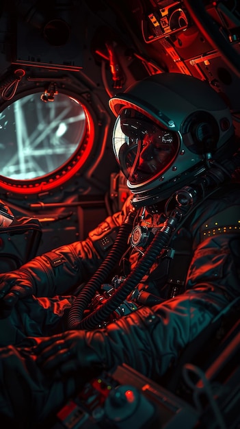 Closeup of an astronaut in full gear sitting in the cockpit of a spacecraft with control panels visible