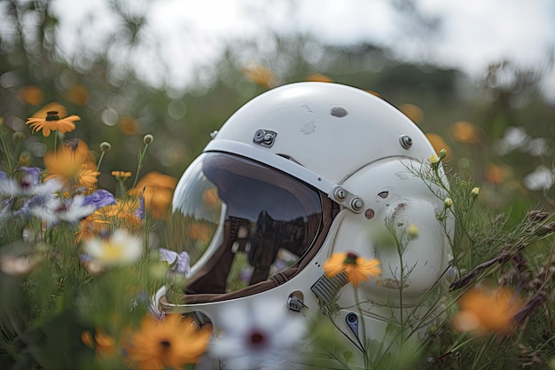 Closeup of astronauts helmet with flower field in the background