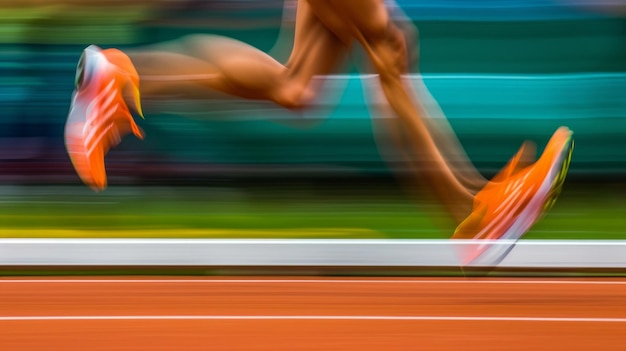 Photo closeup of an athletes legs running with blurred motion runners feet in orange shoes on the track concept of speed athletic performance motion and competition