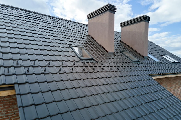 Closeup of attic windows and brick chimneys on house roof top covered with ceramic shingles. Tiled covering of building