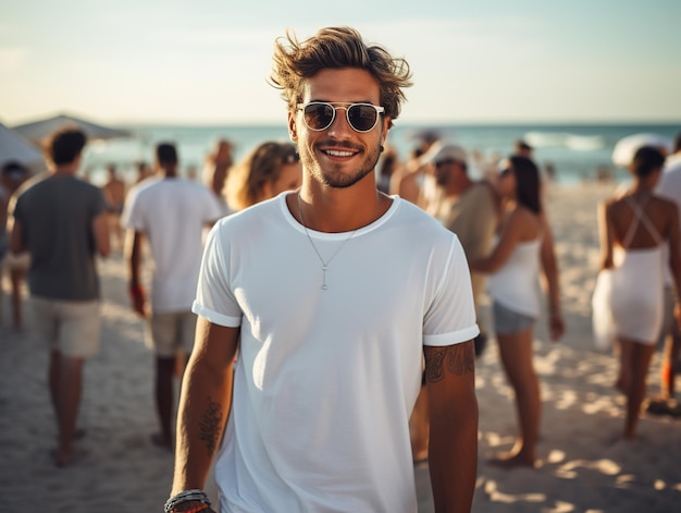 Closeup of attractive young man in white tshirt standing a on the beach Generative ai