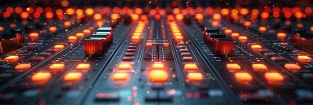 Photo closeup of an audio mixing console with red lights