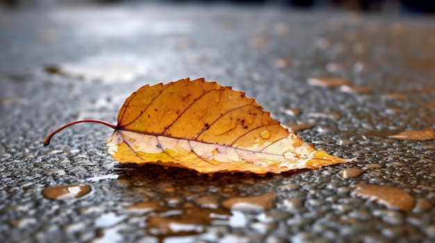 CloseUp of Autumn Leaf on Wet Pavement Seasonal Change Concept