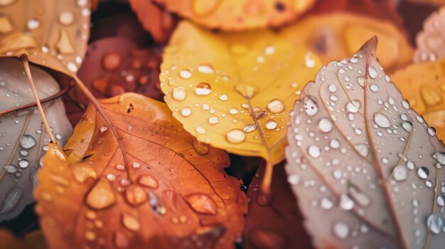 Photo closeup of autumn leaves adorned with sparkling water droplets showcasing vibrant yellows and oranges with delicate textures