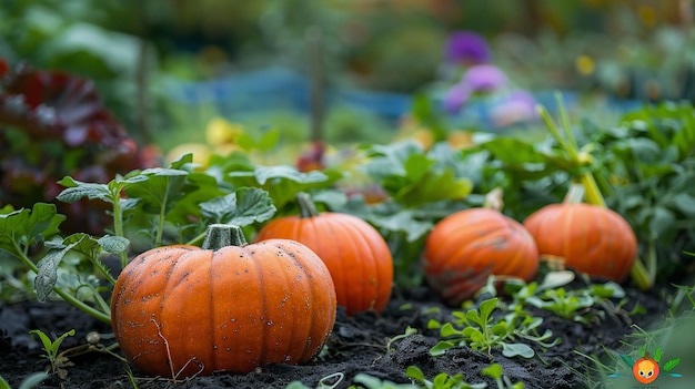 Closeup of autumn vegetables in home garden with lots of pumpkins and green vegetables in background and space for text Generative AI