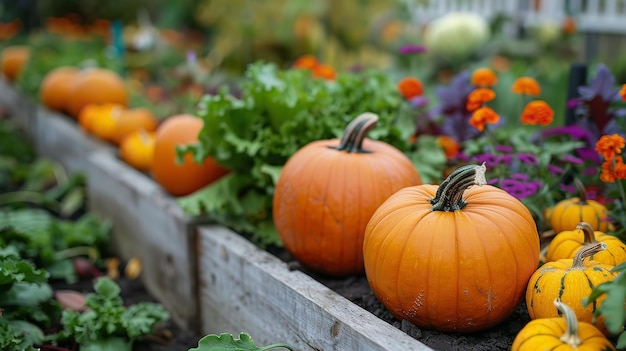 Closeup of autumn vegetables in home garden with lots of pumpkins and green vegetables in background and space for text Generative AI