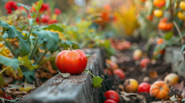 Closeup of autumn vegetables in home garden with lots of pumpkins and green vegetables in background and space for text Generative AI