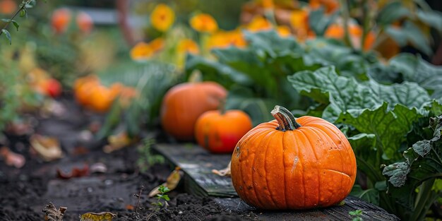 Closeup of autumn vegetables in home garden with lots of pumpkins and green vegetables in background and space for text Generative AI