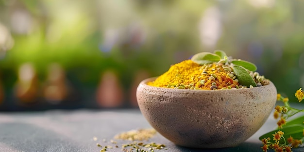 Closeup of Ayurvedic herbs in a bowl showcasing their significance in yoga practice Concept Ayurvedic Herbs Yoga Practice Closeup Photography Wellness Lifestyle