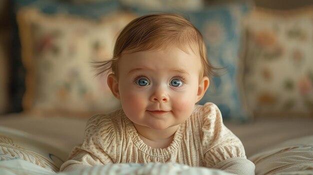 Photo closeup of baby girl lying on bed