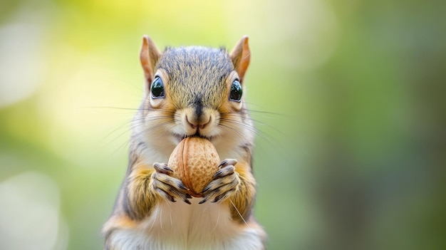 Photo closeup of a baby squirrel holding a nut natural background with ample copy space