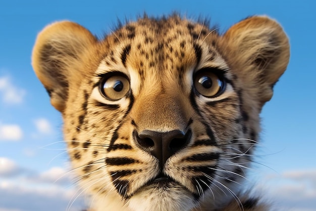 Closeup of a baby tiger looking at the camera with blue sky background