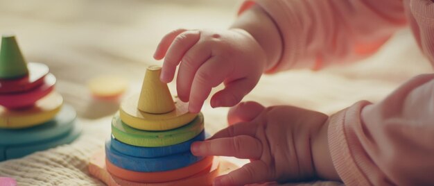 Photo closeup of a babyis hands playing with colorful stacking rings capturing a precious playful moment of growth