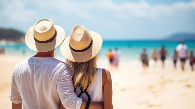 Closeup of the back of a happy tourist couple at the beach