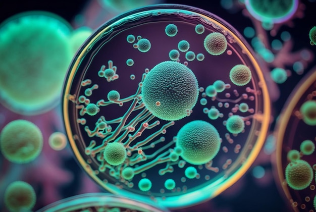 Closeup of bacteria with magnifying glass in the background generative ai