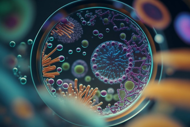 Closeup of bacteria with magnifying glass in the background generative ai