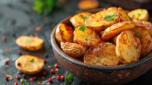 Photo closeup of baked potato wedges on a plate