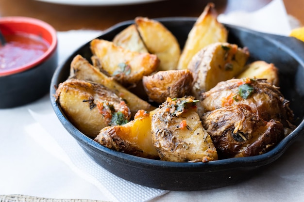 Closeup of baked potato wedges and sauce in a frying pan at a restaurant