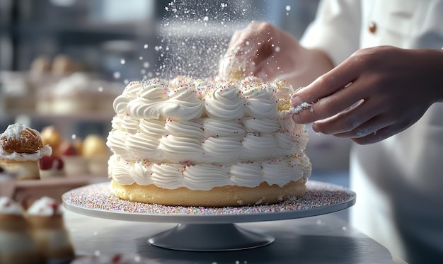 A closeup of a baker decorating a large cake with sprinkles and powdered sugar