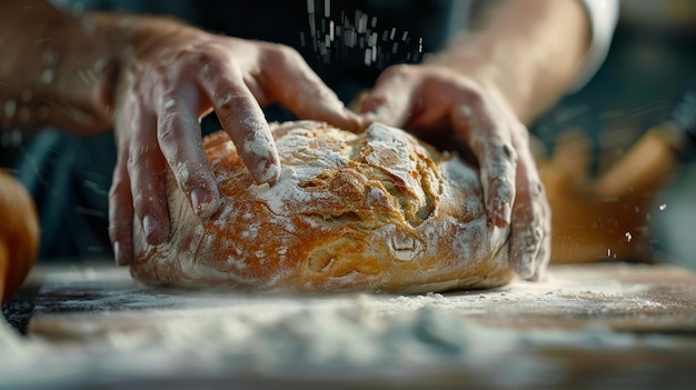 Photo closeup of bakers hands scoring fresh loaf of bread before baking with flour dusting