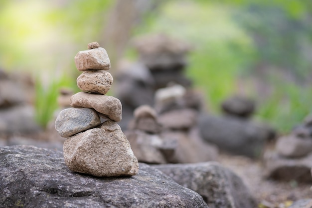 Closeup of balancing rock stack pyramid for mediation and harmony concept.