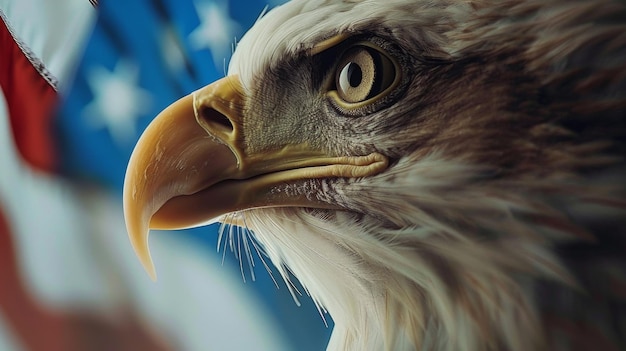 Closeup of bald eagle with american flag background symbol of patriotism and strength