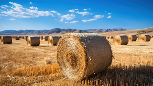 Closeup ball of hay with blue sky