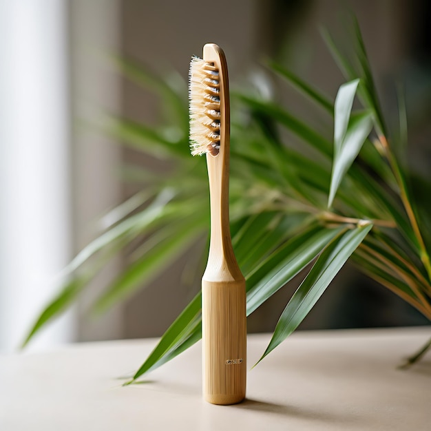 Closeup of the bamboo toothbrush handle and bristles in a calming neutral setting