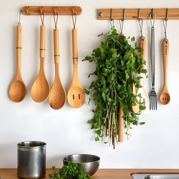 Photo closeup of bamboo utensils with vibrant salad in minimalist kitchen