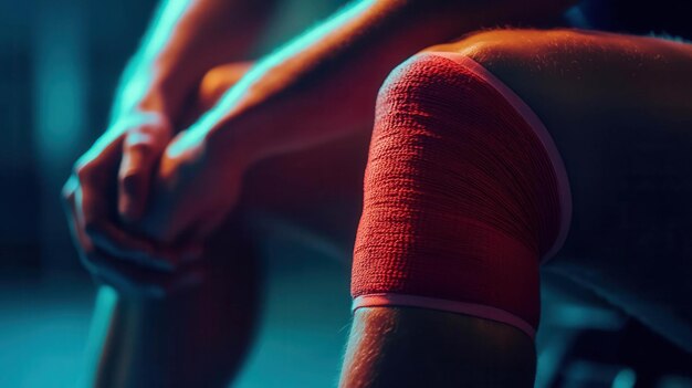 Photo closeup of a bandaged knee emphasizing recovery and strength in sports or fitness