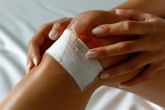 Photo closeup of a bandaged knee with a visible wound