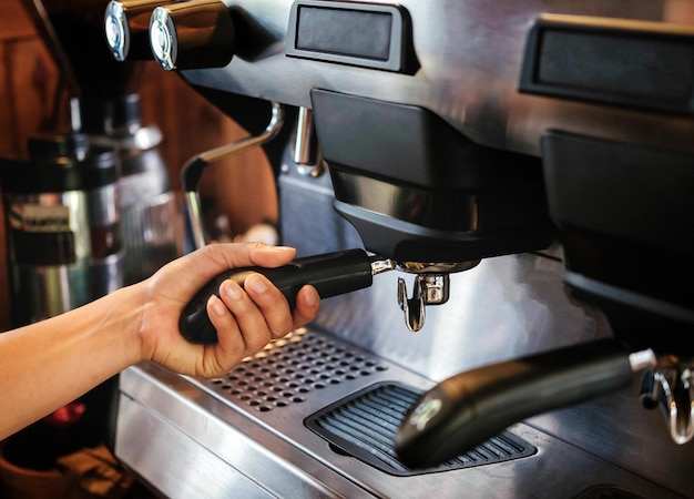 Closeup of banner size of barista working makeing coffee with coffee machine