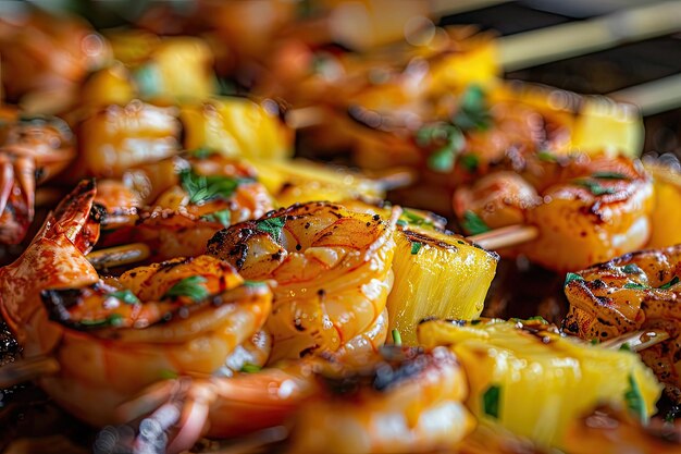 Closeup of Barbecued Shrimp with Pineapple Skewers