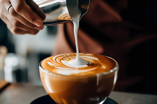 A closeup of a barista's hands pouring latte art Generative AI