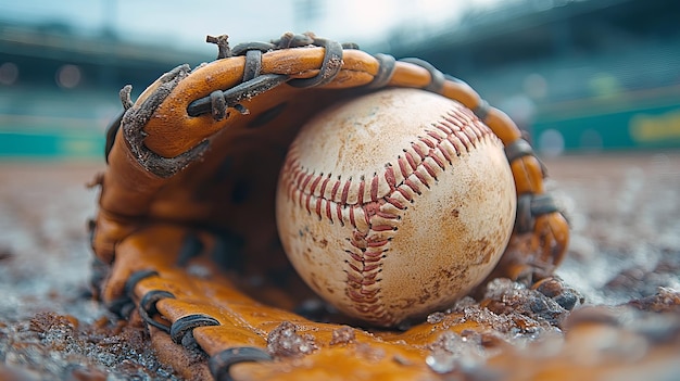 Photo closeup of a baseball glove in action