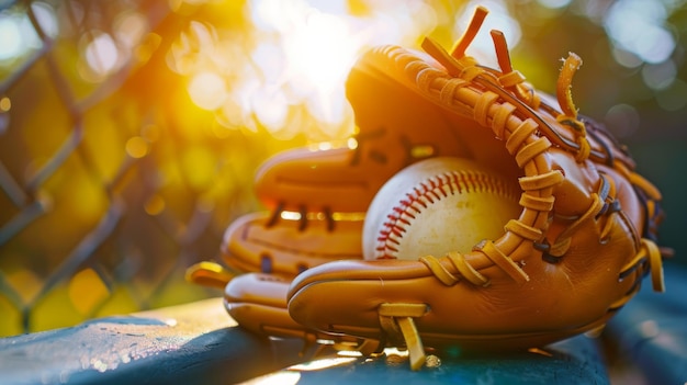 closeup of a baseball glove and ball resting on a bench with a blurred view of the stadium seats