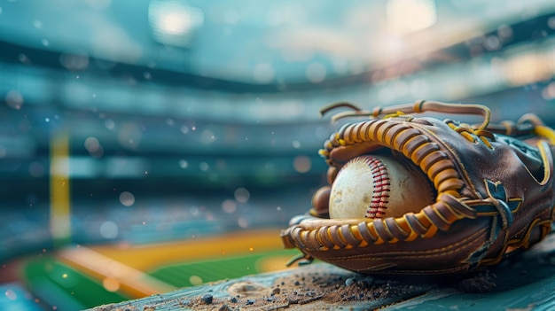 closeup of a baseball glove and ball resting on a bench with a blurred view of the stadium seats