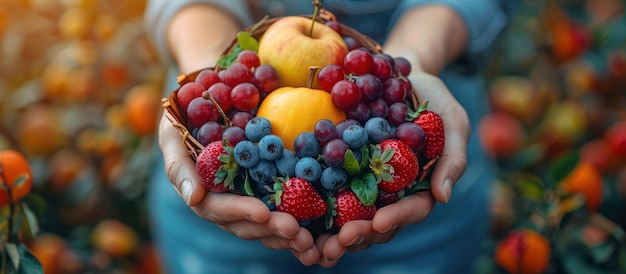 Photo closeup of a basket of fresh fruit held in two hands