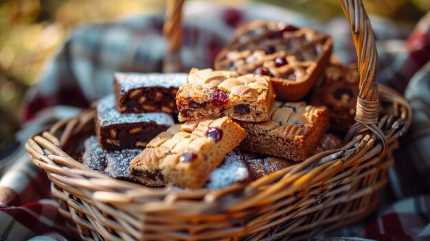 Photo a closeup of a basket with cookies and chocolate chips picnic baskets with cookies