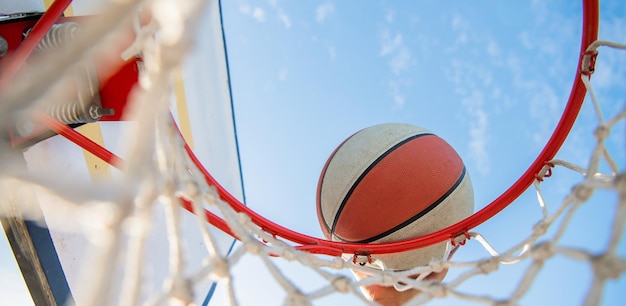 Closeup of basketball player throws the ball into the hoop basketball