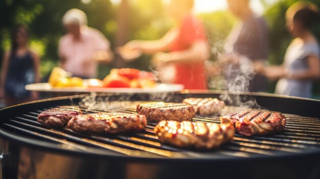 Photo closeup bbq grill and blur family meeting outdoor